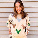 Queen Of Sparkles Beige Deer Head Sweatshirt - Final Sale