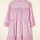 Striped Collared Neck Long Sleeve Mini Shirt Dress