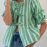 Tied Round Neck Balloon Sleeve Shirt