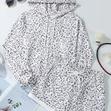 Drawstring Leopard Long Sleeve Hooded Top and Shorts Set