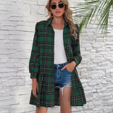 Ruffle Hem Plaid Button Down Long Sleeve Dress