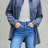 Pocketed Collared Neck Long Sleeve Denim Top