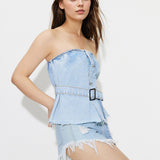 Buttoned Raw Hem Tube Denim Top