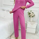 Drawstring Half Button Hooded Top and Ribbed Pants Set