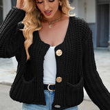 Round Neck Button Up Cardigan with Pockets