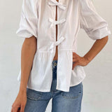 Tied Round Neck Balloon Sleeve Shirt