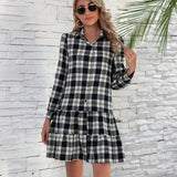 Ruffle Hem Plaid Button Down Long Sleeve Dress