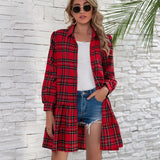 Ruffle Hem Plaid Button Down Long Sleeve Dress