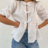Tied Round Neck Balloon Sleeve Shirt