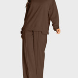 Round Neck Long Sleeve Top and Slit Pants Set