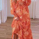 Smocked Printed V-Neck Long Sleeve Dress