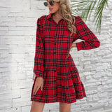 Ruffle Hem Plaid Button Down Long Sleeve Dress