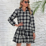 Ruffle Hem Plaid Button Down Long Sleeve Dress