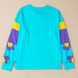 Contrast Flower Round Neck Long Sleeve Blouse