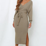 Surplice Neck Bow Waist Slit Sweater Dress