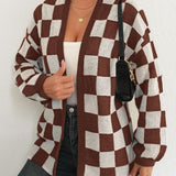 Checkered Open Front Long Sleeve Cardigan
