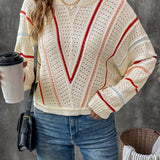 Eyelet Round Neck Long Sleeve Sweater