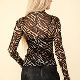 VERY J Zebra Print Mock Neck Sheer Mesh Blouse