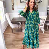 Vintage Floral Midi Dress - Hunter Green