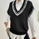 Pearl Trim Contrast V-Neck Sweater Vest