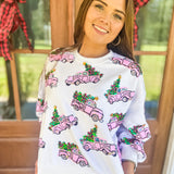 QOS White Trucks With Christmas Trees Sweatshirt *FINAL SALE*