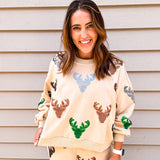 Queen Of Sparkles Beige Deer Head Sweatshirt - Final Sale
