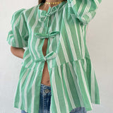 Tied Round Neck Balloon Sleeve Shirt