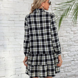 Ruffle Hem Plaid Button Down Long Sleeve Dress