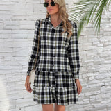 Ruffle Hem Plaid Button Down Long Sleeve Dress