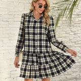 Ruffle Hem Plaid Button Down Long Sleeve Dress
