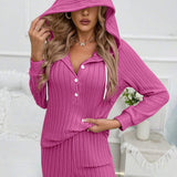 Drawstring Half Button Hooded Top and Ribbed Pants Set