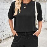 Lovelet Round Neck Half Sleeve Top and Drawstring Shorts Set