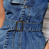 Buttoned Raw Hem Tube Denim Top