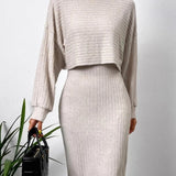 Mock Neck Long Sleeve Top and Wide Strap Dress Set