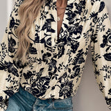 Perfee Printed Notched Long Sleeve Shirt