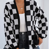 Checkered Open Front Long Sleeve Cardigan