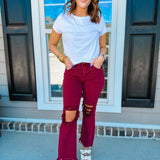 Chelsey HR Distressed Straight Pants - Wine