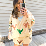 Queen Of Sparkles Beige Deer Head Sweatshirt - Final Sale