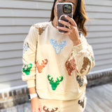 Queen Of Sparkles Beige Deer Head Sweatshirt - Final Sale