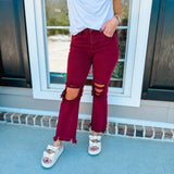 Chelsey HR Distressed Straight Pants - Wine