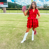 Satin Ruffle Smock Dress- Red