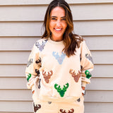 Queen Of Sparkles Beige Deer Head Sweatshirt - Final Sale