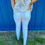 Tummy Control High Rise Raw Hem With Side Slip Straight Pants- Cream