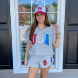 Queen Of Sparkles Grey Beaded 'USA' Short