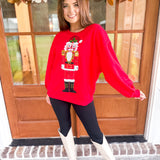 QOS Red Metallic Santa Nutcracker Sweatshirt