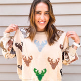 Queen Of Sparkles Beige Deer Head Sweatshirt - Final Sale
