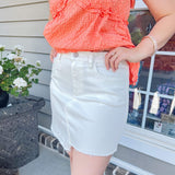 Frayed Asymmetric Hem White Denim Skirt- White