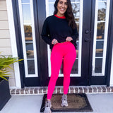 VENICE CROSSOVER WAIST LEGGINGS- HOT PINK