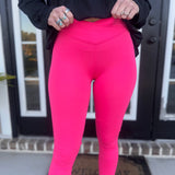 VENICE CROSSOVER WAIST LEGGINGS- HOT PINK