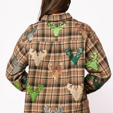Queen Of Sparkles | Brown Plaid Multi Deer Head Button Up Long Sleeve Top - Final Sale